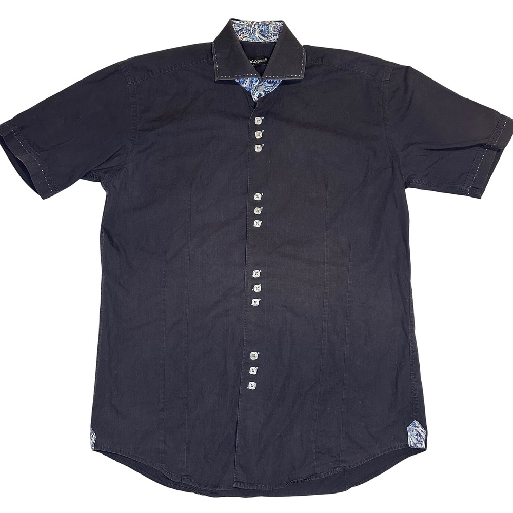 Bogosse Short Sleeve Shirt Mens 3 Med Modern Fit Navy Blue Paisley Trim Cotton